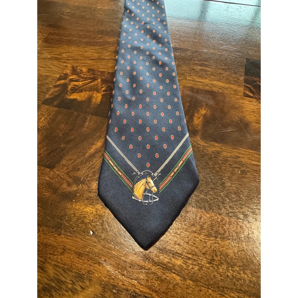 Chaps Ralph Lauren Mens Silk Tie Navy Blue Equestrian Horse Head Medallion
